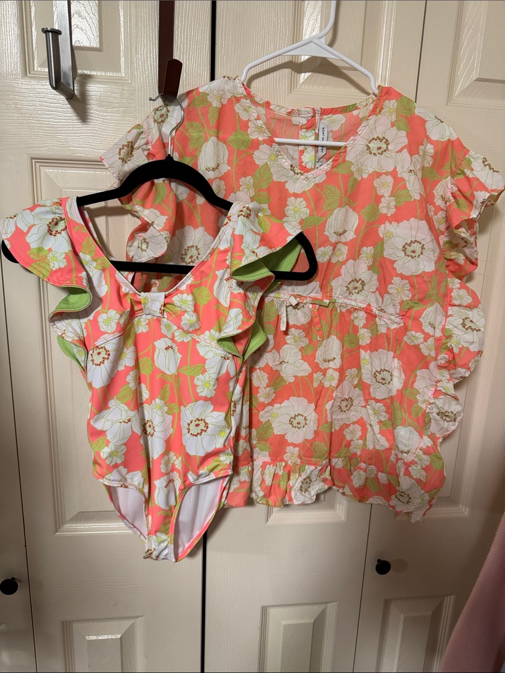 Floral Ruffle Swim Top & Cover-Up Set - Coral White